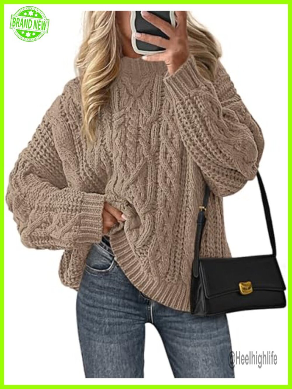 Oversized Chunky Cable Knit Crew Neck Pullover Sweater Long Sleeve